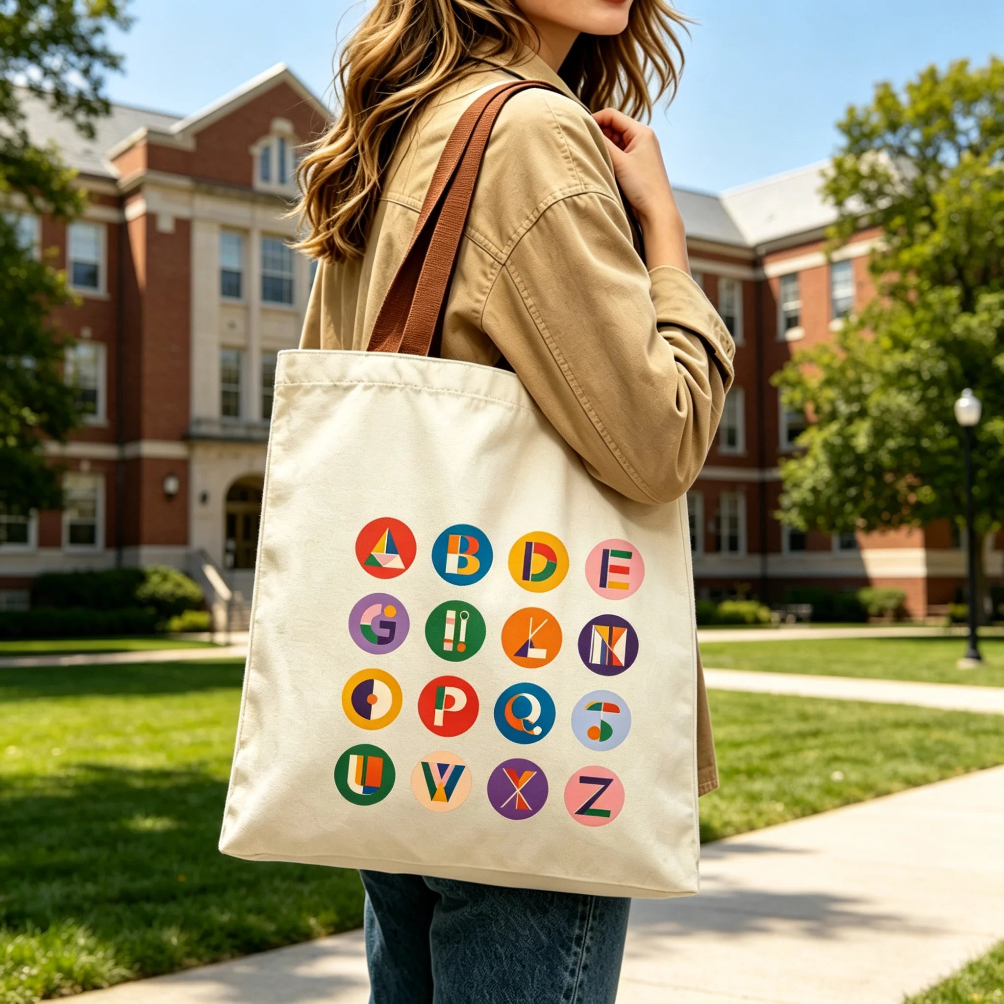 Vibrant Geometric Alphabet Canvas Tote Bag Large Cotton Shoulder Bag Student Travel Shopping Handbag Color Handle Oasis Select