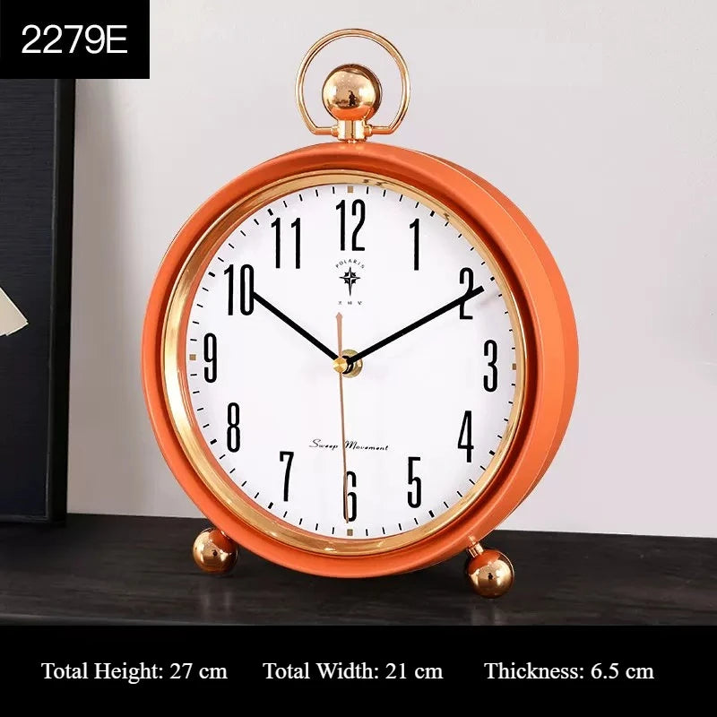 European Vintage Retro Table Clock Silent Non-Ticking Desk Clock Luxury Mantel Clock Home Living Room Desktop Ornament Oasis Select Orange