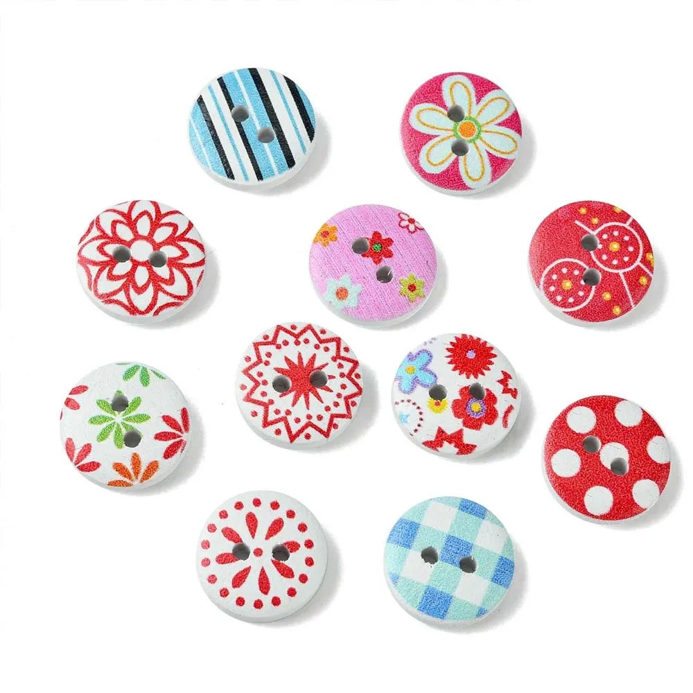 50/100pcs Mixed Round Multiple Patterns Flower Wood Button For Sewing Buttons Clothes Accessories Wood Crafts Decoration DIY Oasis Select