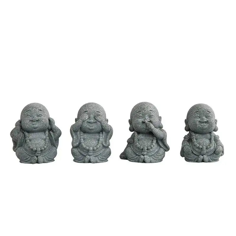 Green Sandstone tea pet Big Belly Maitreya Buddha Laughing Four Little Monks Ornament Desktop Tea play Table Craft Oasis Select