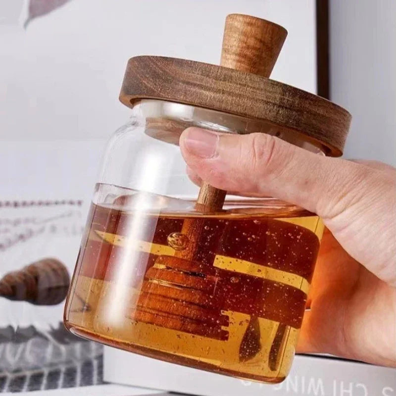 500ML High Borosilicate Glass Sealed Tank Honey Jar with Wooden Lid Mixing Rod Wood Dip Sticks Transparent Home Sealed Jars Oasis Select