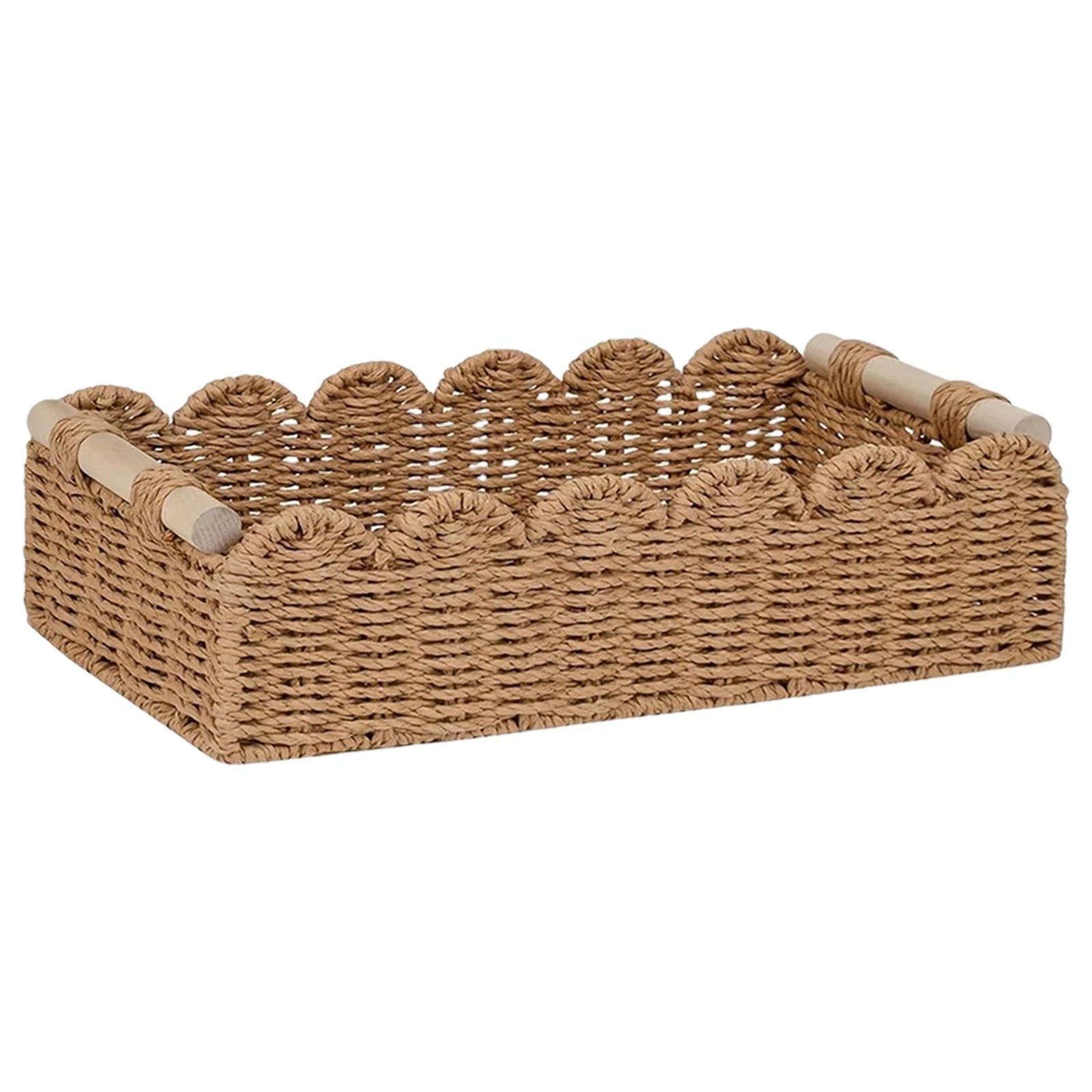 Scalloped Paper Rope Storage Basket with Wooden Handles Woven Storage Basket Oasis Select Khaki One Size