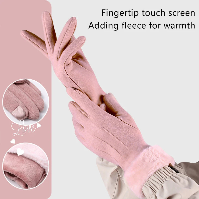 Autumn Winter Warm Suede Gloves Plus Velvet Thickened Plush Decor Cuff Gloves Outdoor Coldproof Touchscreen Riding Ski Gloves Oasis Select