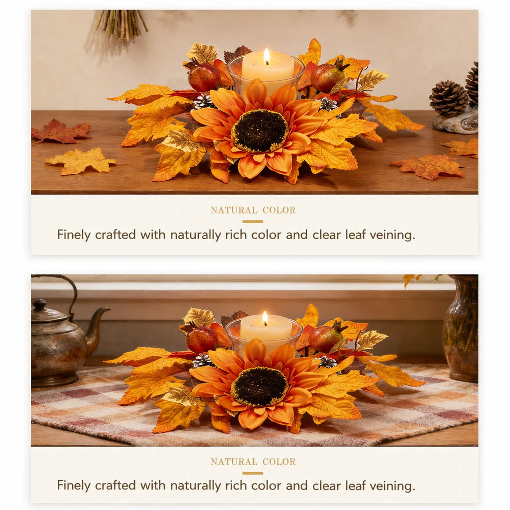 Thanksgiving Candle Holder Nordic Aesthetic Fall Maple Leaf Decoration Artificial Sunflower Wreath High Simulation For Harvest Oasis Select