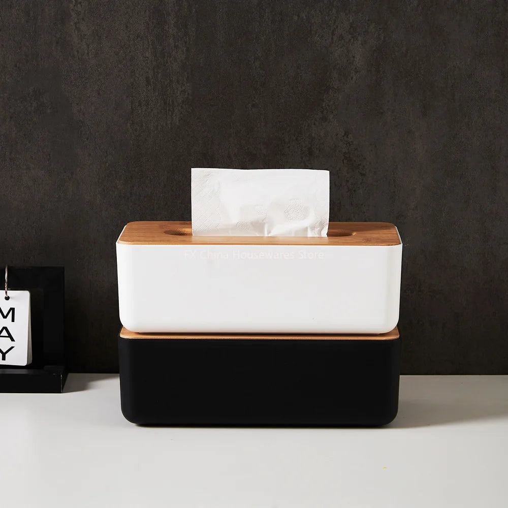 Bamboo Lid Plastic Tissue Box Organizer Rectangular Paper Towel Holder for Living Room Bathroom Kitchen Storage Oasis Select