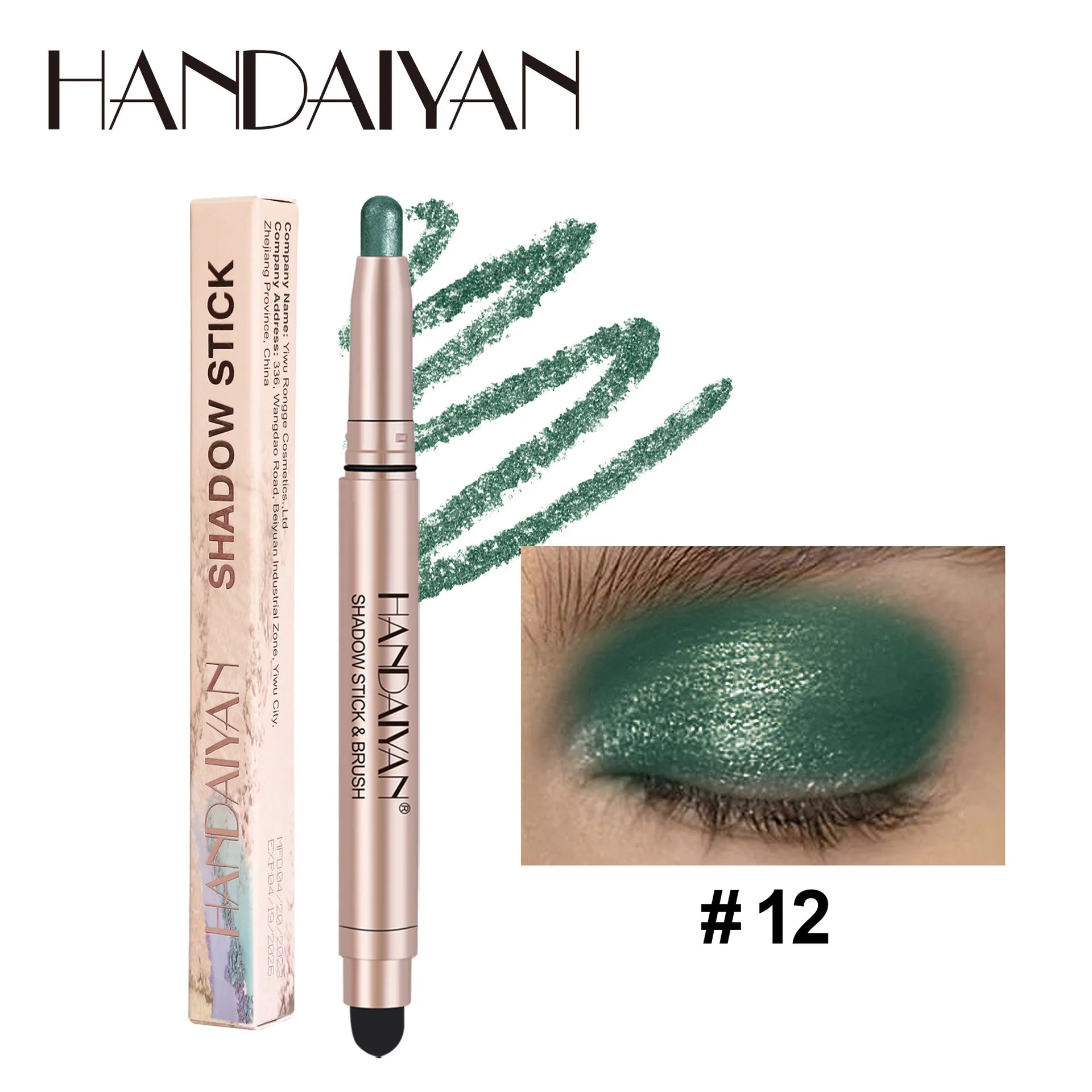 HANDAIYAN 12-Color Waterproof Shimmer Eyeshadow Stick + Brush