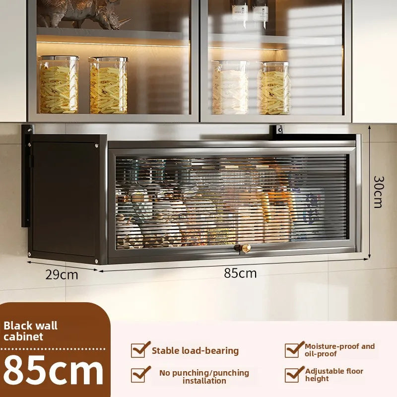 Kitchen multi-functional wall-mounted hanging cabinet seasoning rack upturned locker household dust with door storage rack Oasis Select Black-85