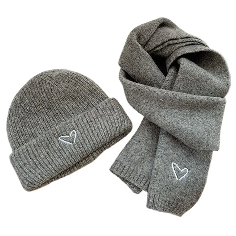 Winter Warm Solid Color Kids Knitted Hat Scarf Love Heart Embroidery Autumn Baby Beanie Outdoor Anti-cold Boys Girls Cap Scarves Oasis Select C