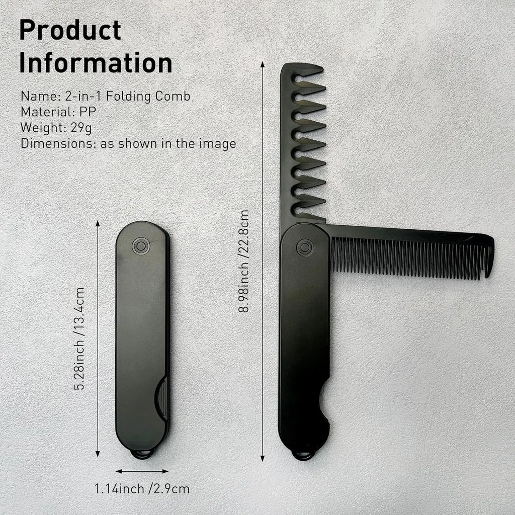 Mens Folding Pocket Comb 2 in 1 Fine Wide Tooth Portable Travel Hair Beard Grooming Kit Compact Black EDC Accessory Oasis Select