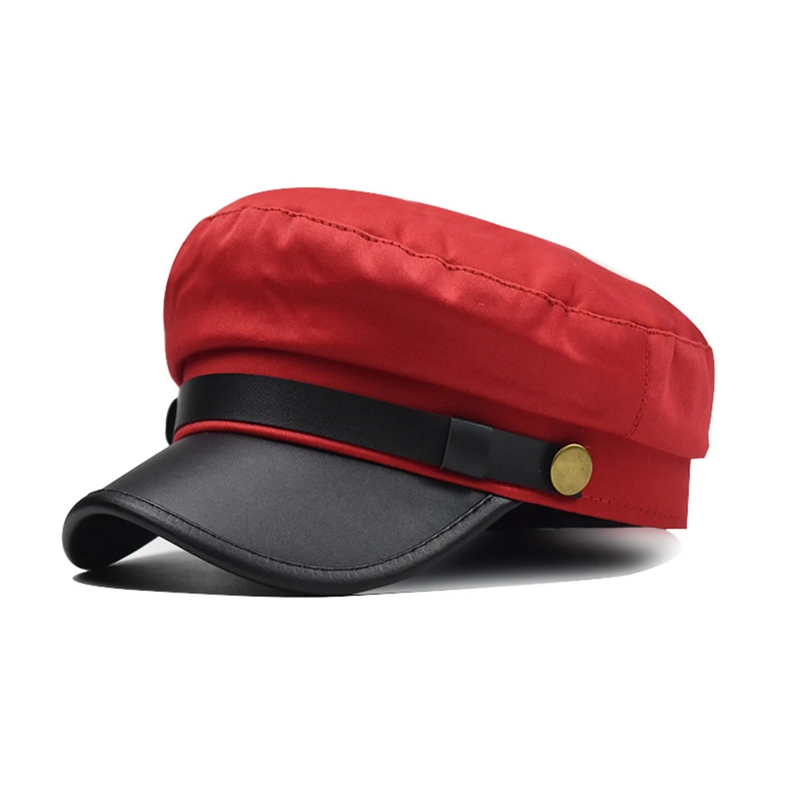 Unisex Cycling Caps PU Leather Hat Autumn Sailor Hat for Women Men Men Black Female Travel Student Hat Captain Hat Flat Top Oasis Select Red