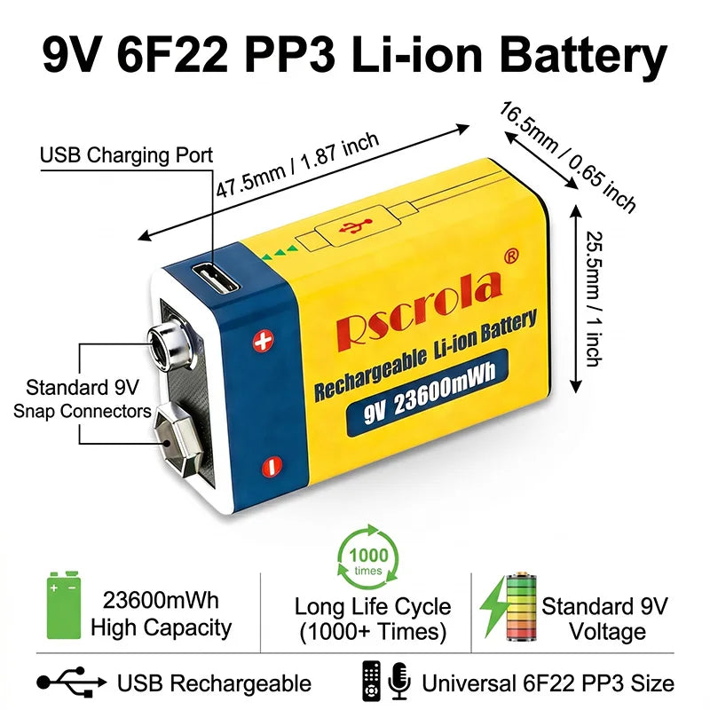 Long-Lasting 9V Lithium ion Rechargeable Battery 23600mWh High Capacity for Guitar Microphone Smoke Detector Pedal with Cable Oasis Select