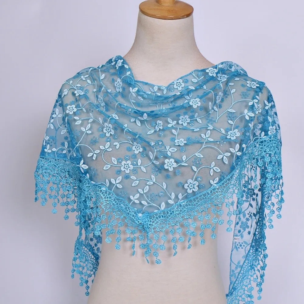 Gifts Triangle Lace Veil Headscarf Floral Breathable Women's Small Floral Scarf Lace Triangle Veil Sequined Gauze Scarf Oasis Select Blue