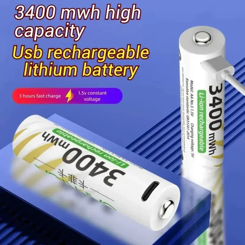 New Li-ion AAA and AA Rechargeable Batteries USB Lithium-ion 3400mWh 1.5V AA Rechargeable Batteries+800mWh 1.5V AAA Battery Oasis Select