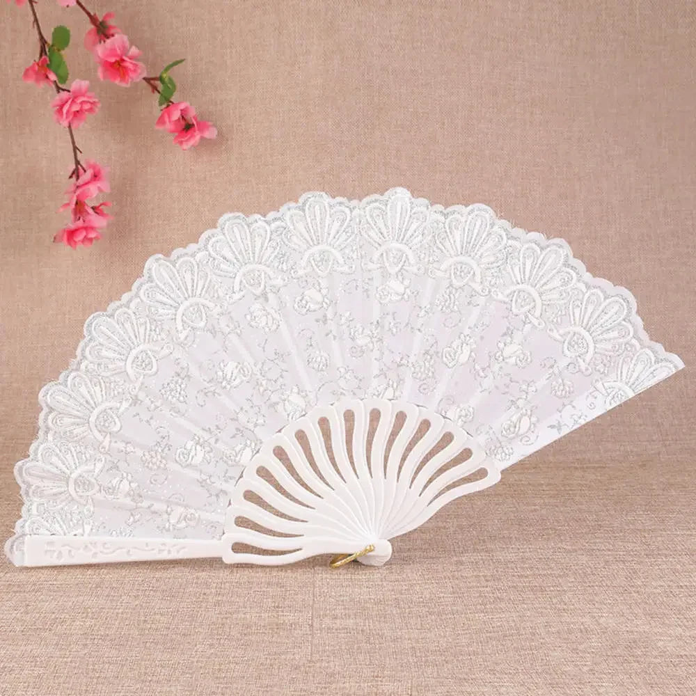23 Colors Lace OR Cloth Spanish Fabric Silk Folding Hand Held Dance Fan Flower Party Wedding Prom Dancing Summer Fan Accessories Oasis Select White