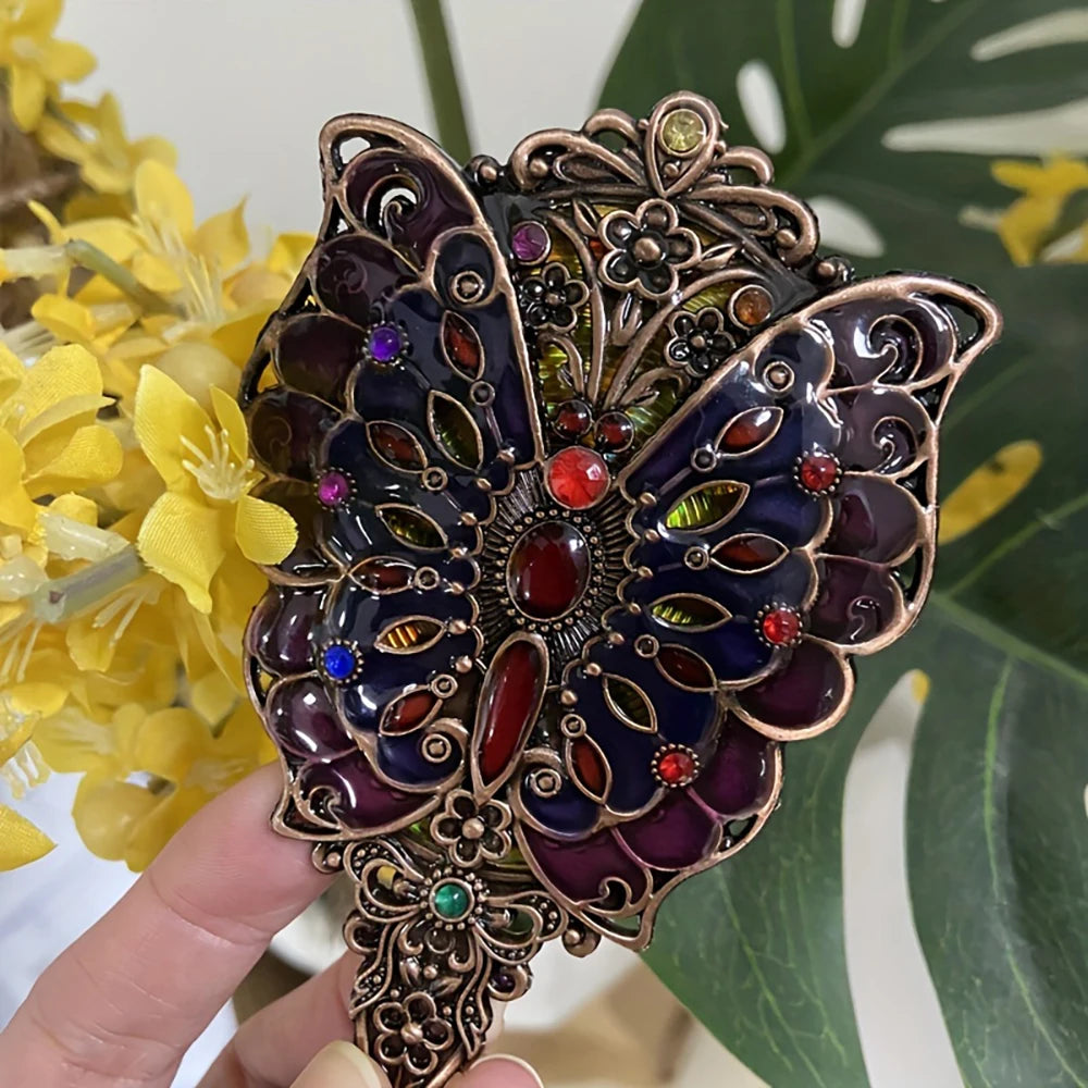 2pcs/Set Vintage Mirror And Comb Set Peacock Flower Decorative Mirror Comb Portable Makeup Mirror Comb (rhinetone Color Random) Oasis Select