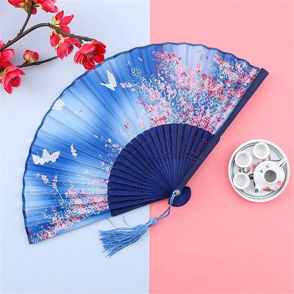 Chinese Engraved Folding Hand Fan Wooden Shank Classical Dance Tassel Fan Wedding Birthday Party Favor Fan Decor Gifts For Guest Oasis Select Style 1