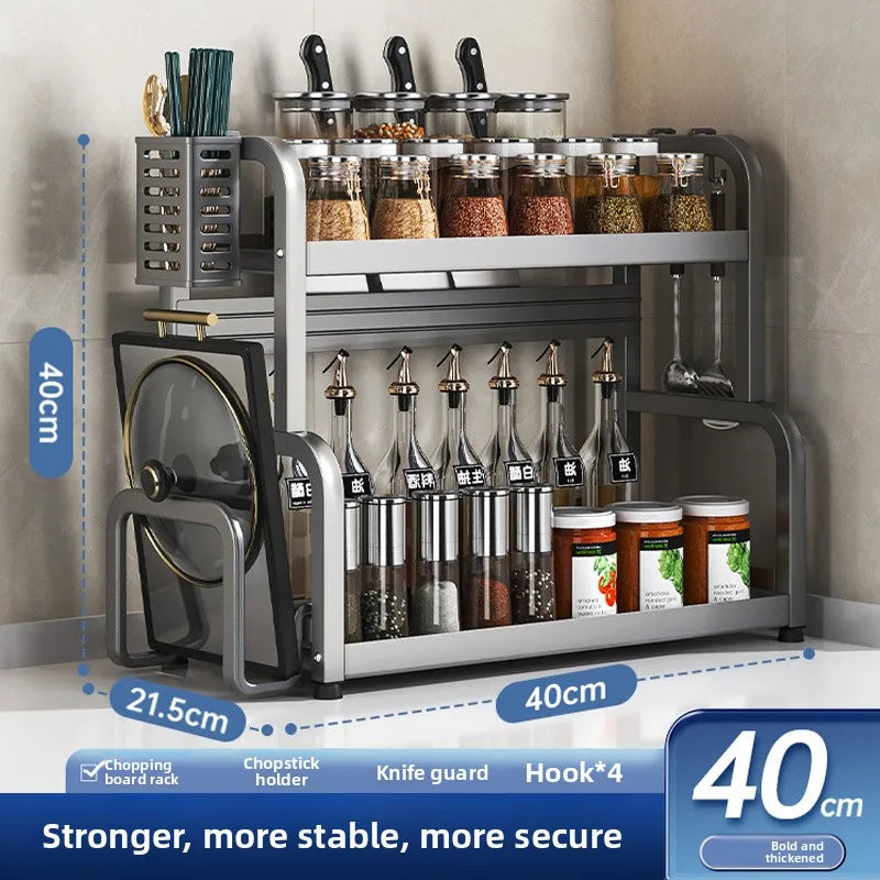 Kitchen Rack Multifunctional Seasonings Multi-layer Countertop Chopsticks Storage Knife Holder Stainless Steel Oil Oasis Select Gun ash-2-40