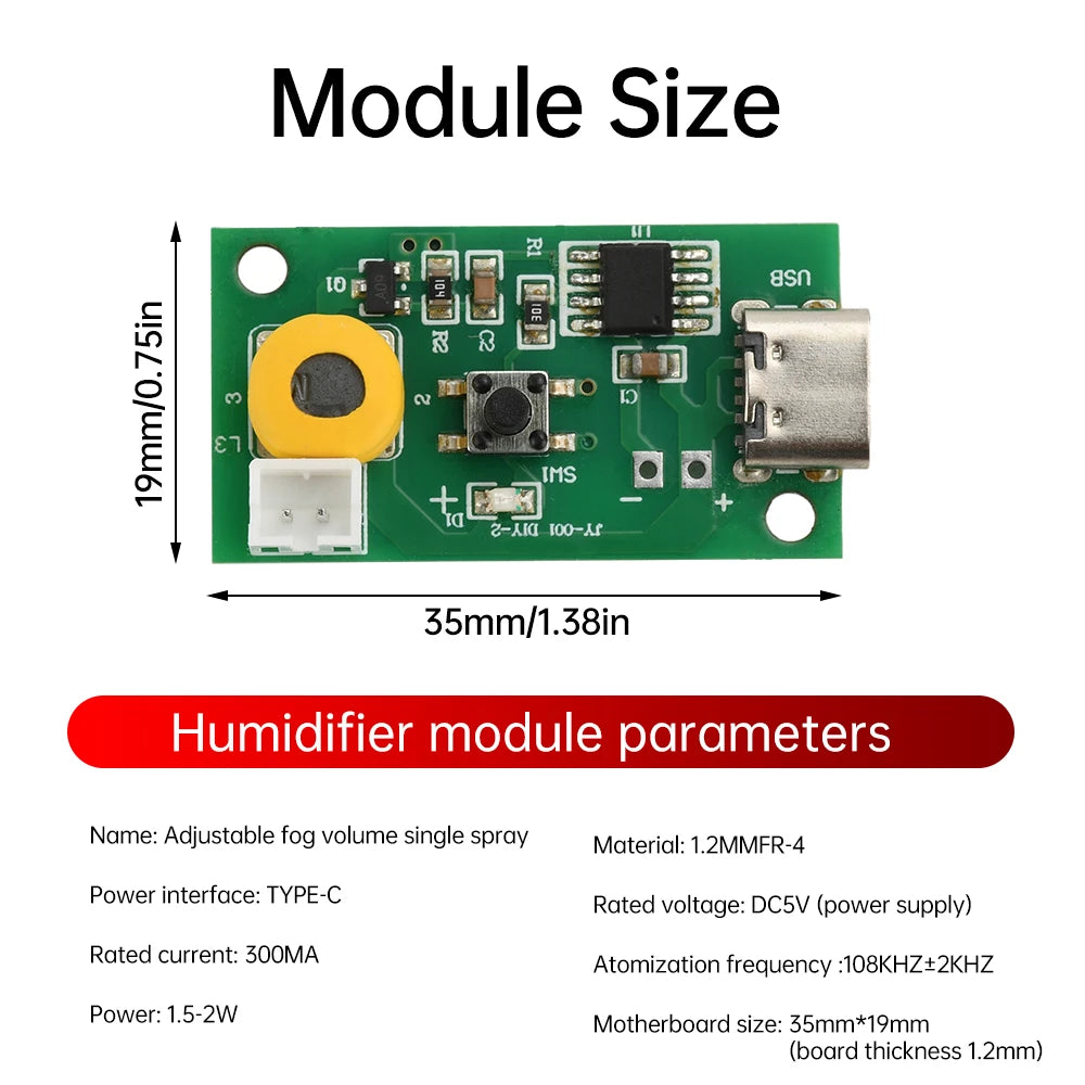 Type C 3 Levels Adjustable Fog Volume Single Spray Humidifier Module Mist Maker and Driver Circuit Board Fogger Atomization Film Oasis Select