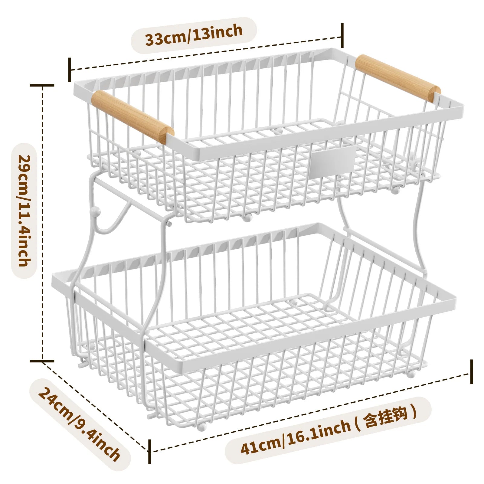 Kitchen Fruit Shelf Living Room Double-layer Removable Storage Rack Tray Wooden Handle Portable Vegetable and Fruit Basket Oasis Select White double layer