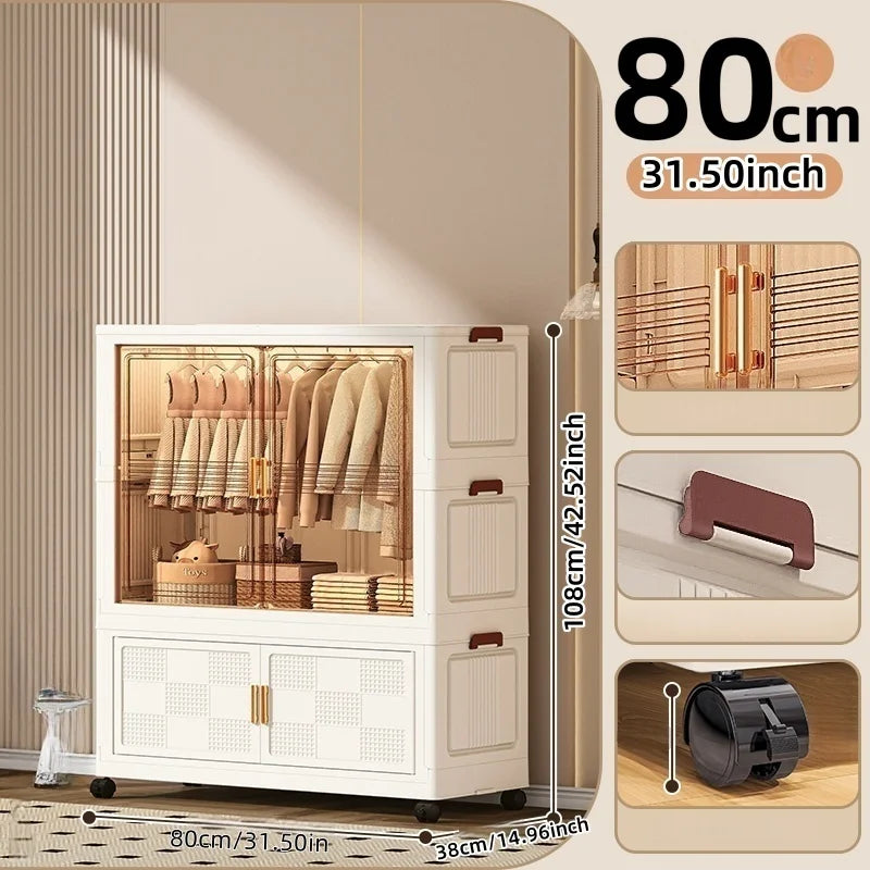 COIZYZZL 31.5 Inch Foldable Storage Wardrobe, 2-6 Tier Multi-Combos with Rolling Wheels, Large Capacity for Living Room/Bedroom Oasis Select Tawny 1Large 1Small