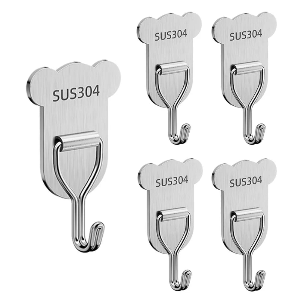 5/8PCS Bear Shape Self-adhesive Hook Stainless Steel No Punching Door Behind Hook Strong Load-bearing Sticky Hook Home Oasis Select Bear-5PCS