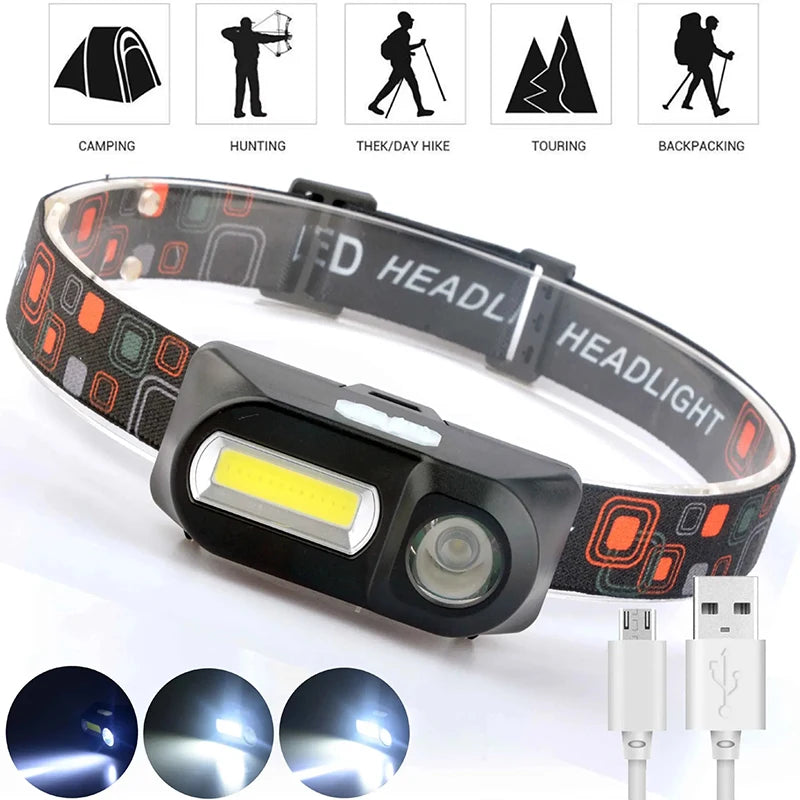 Mini Portable XPE+COB Headlamp USB Rechargeable Use 18650 Battery Headlight Outdoor Camping Fishing LED Head Flashlight Oasis Select