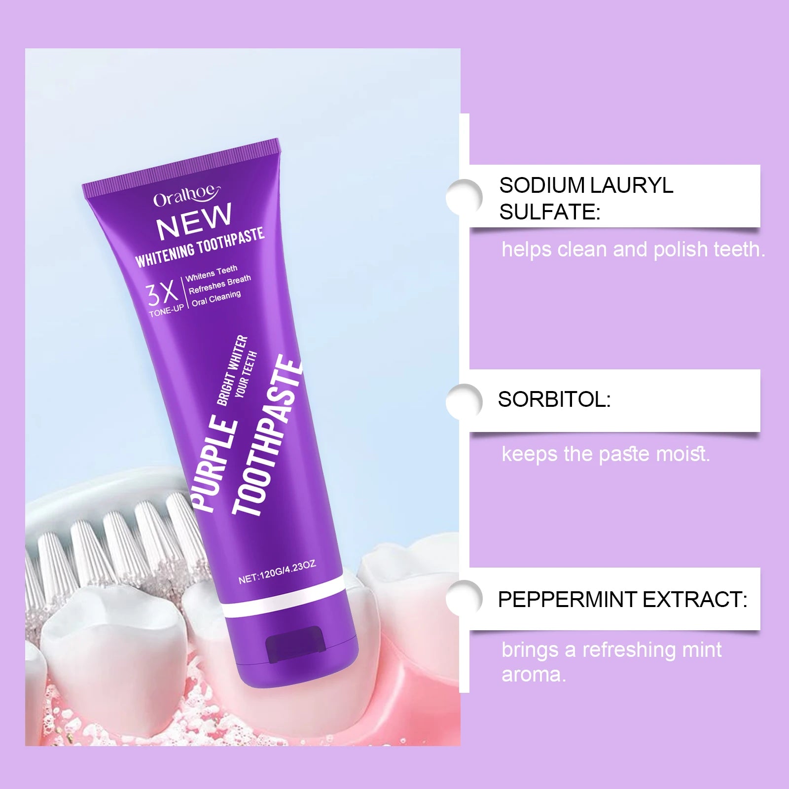 Purple Toothpaste Fluoride Free Stain Removal for Coffee & Tea Fresh Mint Flavor Teeth Whitening Natural Formula Deep Cleaning Oasis Select
