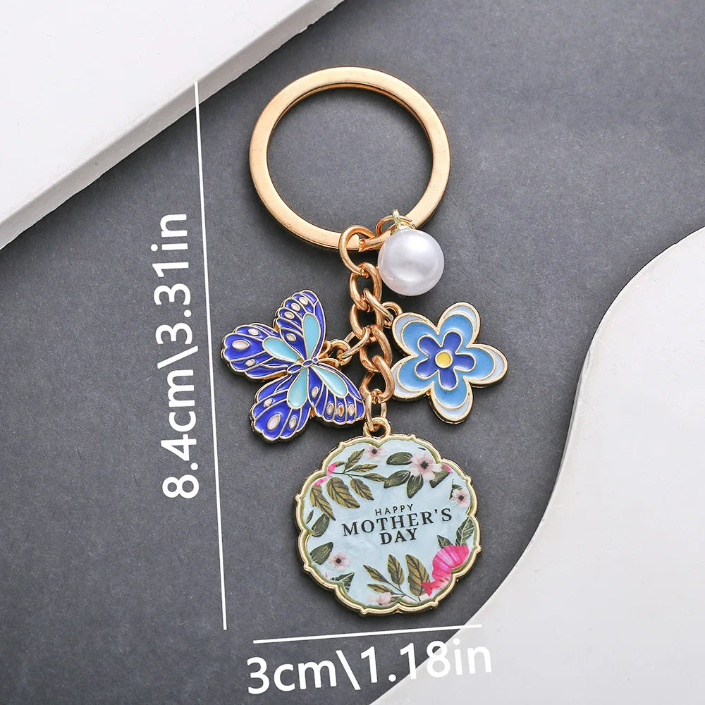 Drop Oil Pink Butterfly Flowers Pearl MOTHER'S DAY Keychain Accessory Pendant Mother's Holiday Gift Key Chains for Women Oasis Select C 8.4x3cm