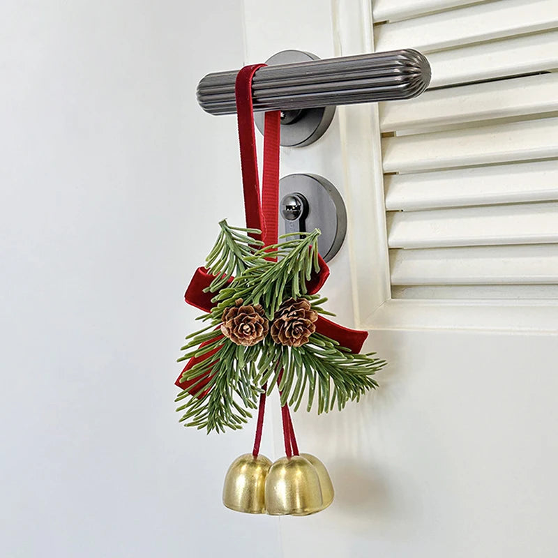 Christmas Jingle Bell Door Hanger – Velvet Bow & Pine Cone Ornament