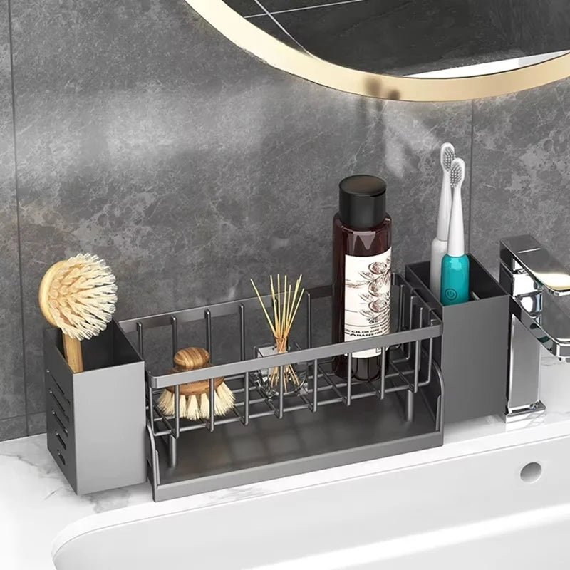 WISH Kitchen Sink Organizer Rack - Plastic Self-Draining Shelf For Soap, Sponge, Dishcloth, Towel, With Filter Basket Oasis Select