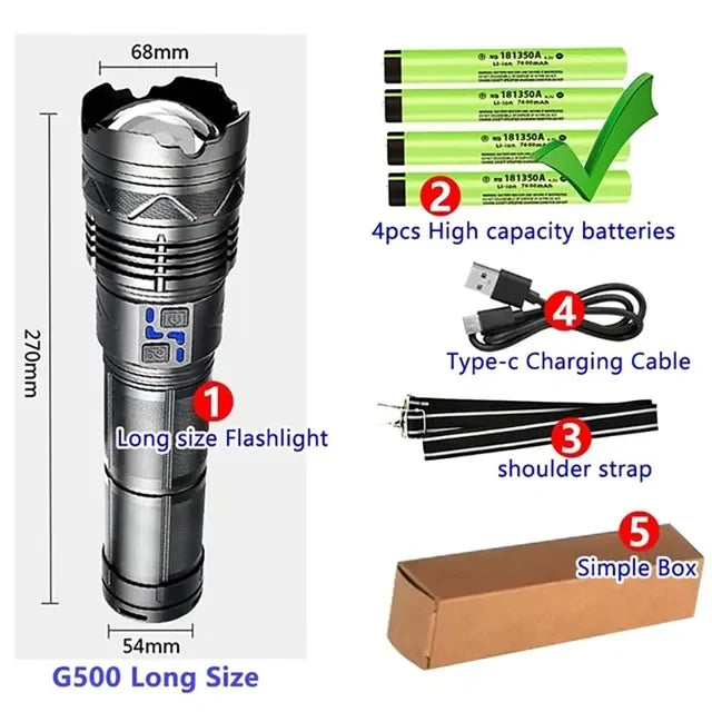 Most Powerful GT60 LED Flashlight Long-range Lighting Long Endurance Powerful Torch Type-C Charging Tactical Camping Lantern Oasis Select BIG with battery