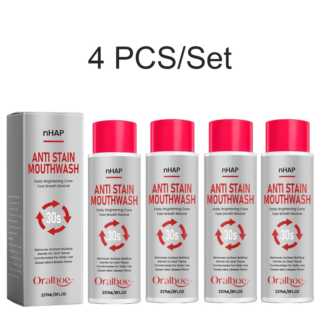 nHAP Anti Stain Mouthwash Whitening Breath Freshening Removes Surface Buildup Gentle Oral Care Mint Long Lasting Home Care 237ml Oasis Select A 4PCS