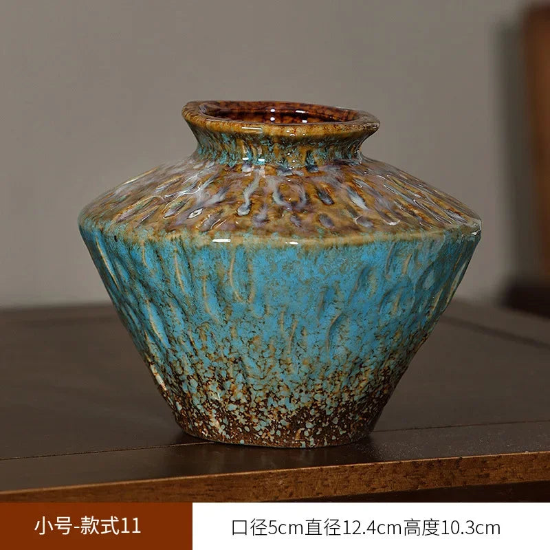 European Style Retro Style Ceramic Vase Living Room Advanced Sense Coarse Clay Pot Simple Dried Flower Arrangement Decoration Oasis Select 12.4cm x 10.3cm 2