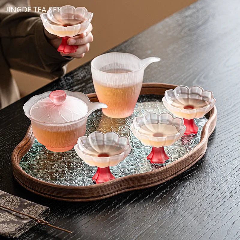 Pink Glass Tea Set Home High Temperature Gaiwan Fair Cup Teacup Set Chinese Exquisite Teaware Set Boutique Beauty Tea Infuser Oasis Select