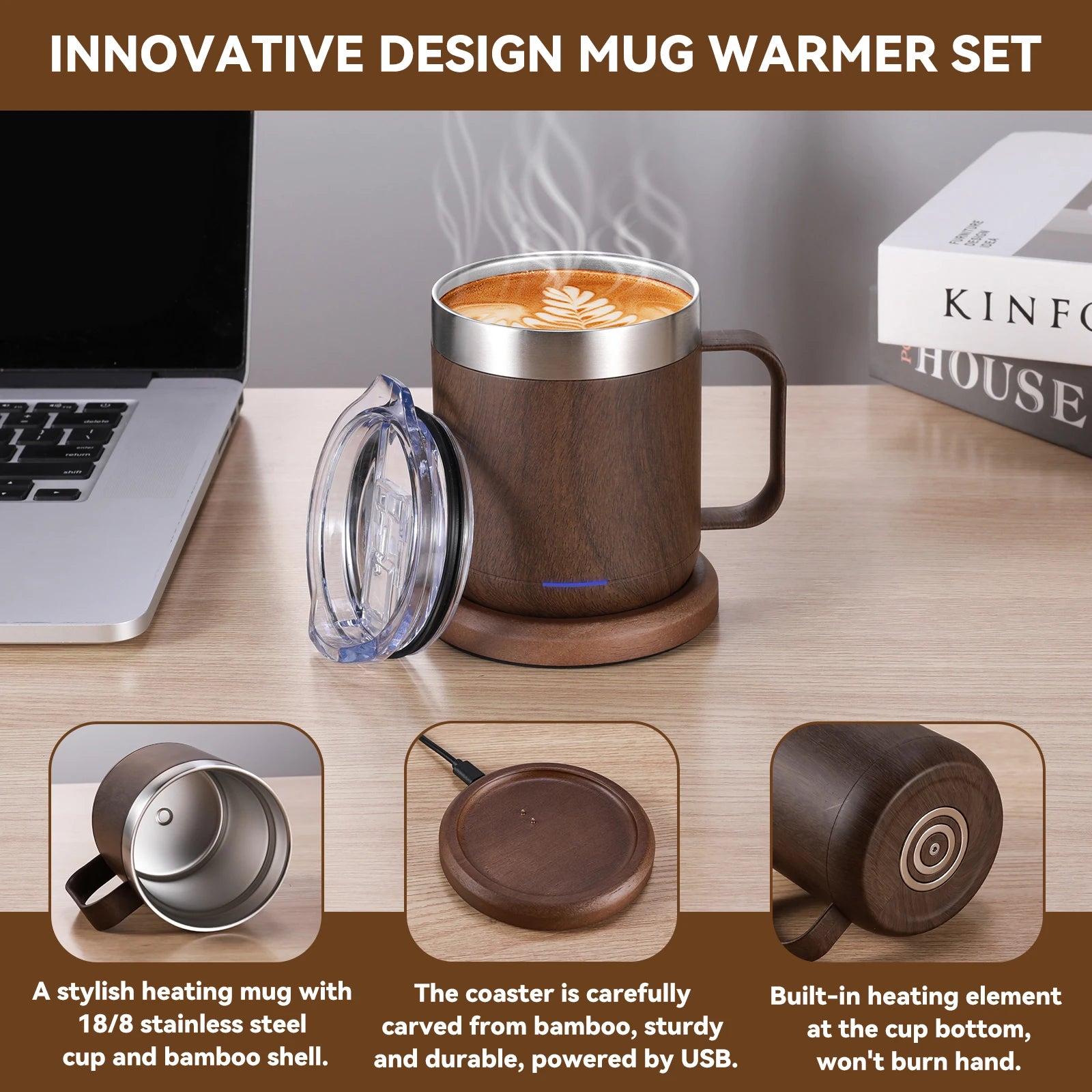 Self-Heating Coffee Mug Smart USB Warmer with 55°C (131°F) Thermostat Double Layer Food Grade Cup Warmer for Office/Home/Gifts Oasis Select