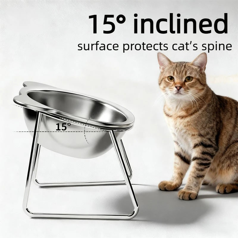 ‌304 Stainless Steel Raised Cat Bowl with 15° Elevated Design Tilted Neck Guard Healthy Feeding Shatterproof for Cats Puppies Oasis Select