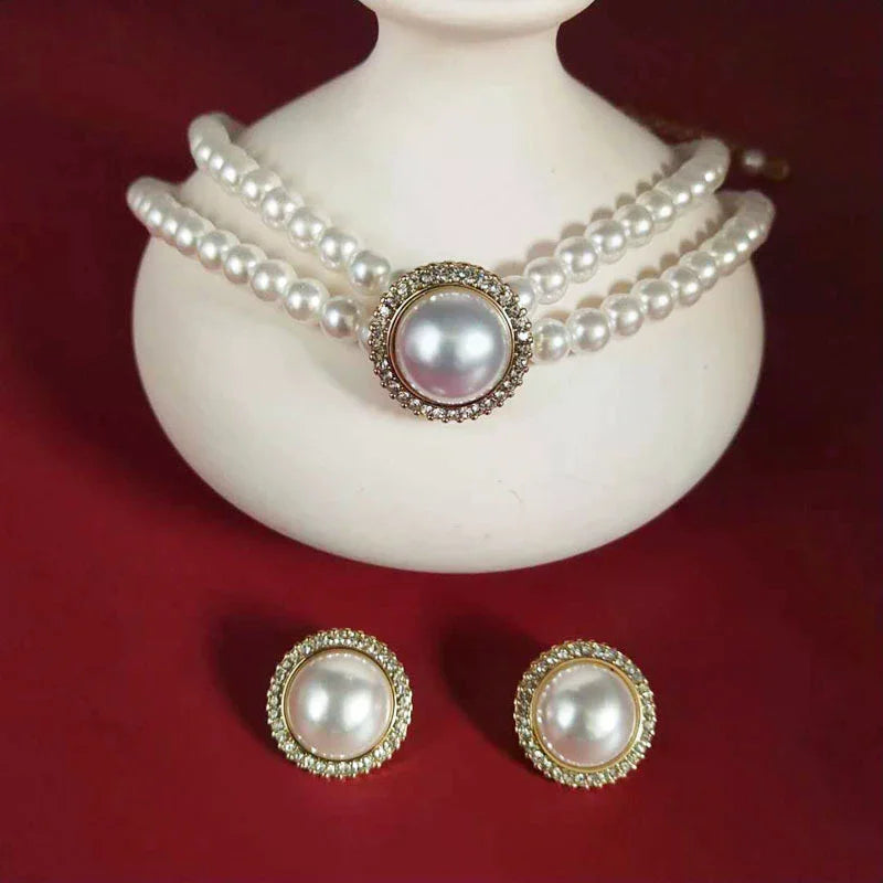 3pcs Fashion Double Layer Pearl Pendant Necklace Earrings Jewelry Set Ladies Banquet Wedding Jewelry Accessories Gift Oasis Select