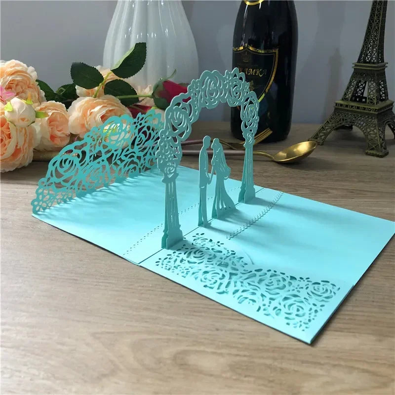 3D Bride and Groom Rose Gold Pop Up Wedding Invitations Laser Cut Greeting Cards Envelope Bridal Shower Invitation Cards Oasis Select Blue