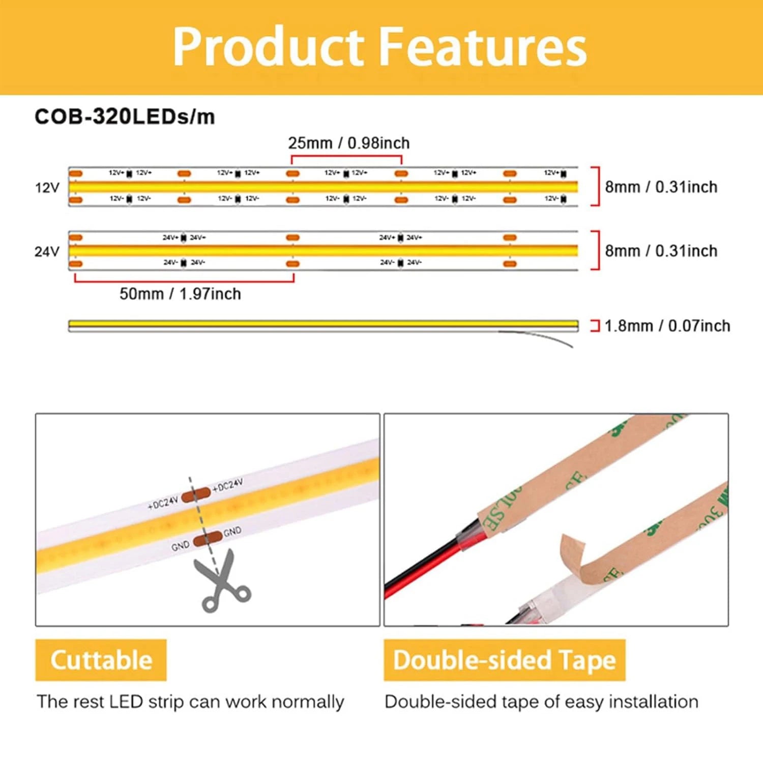 DC 12V 24V 8MM COB LED Light Strip Room Decoration 320LEDs/m Led Tape High Density Flexible 3000K 3500K 4000K 6000K Oasis Select