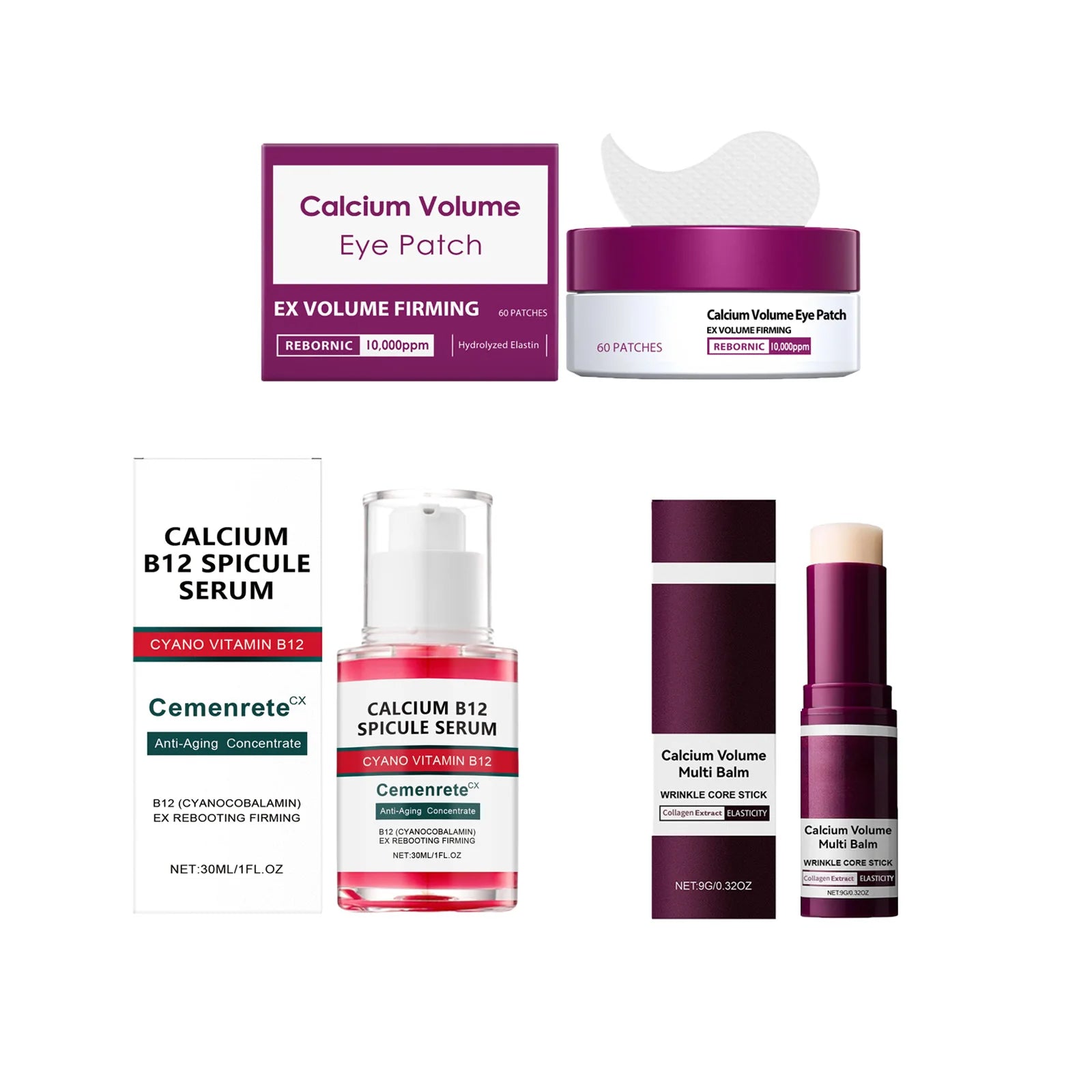 Calcium Skincare Set Anti-Aging Calcium Volume Facial Serum Eye Patches Multi Balm Fade Fine Lines Reduce Dark Circles Nourishes Oasis Select