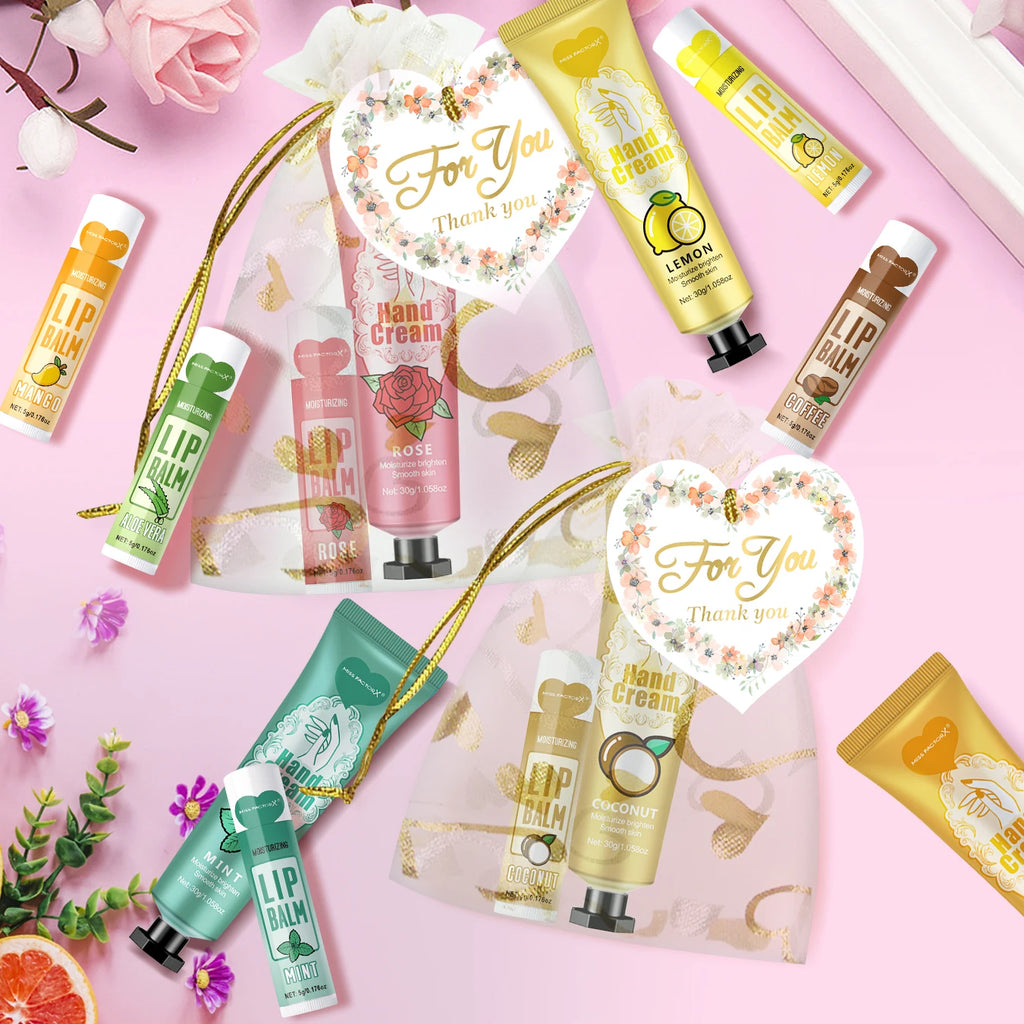 12 Hand gift Hand cream and lip balm set Friends Party Gift with love net bag and thank you card Holiday gift Oasis Select