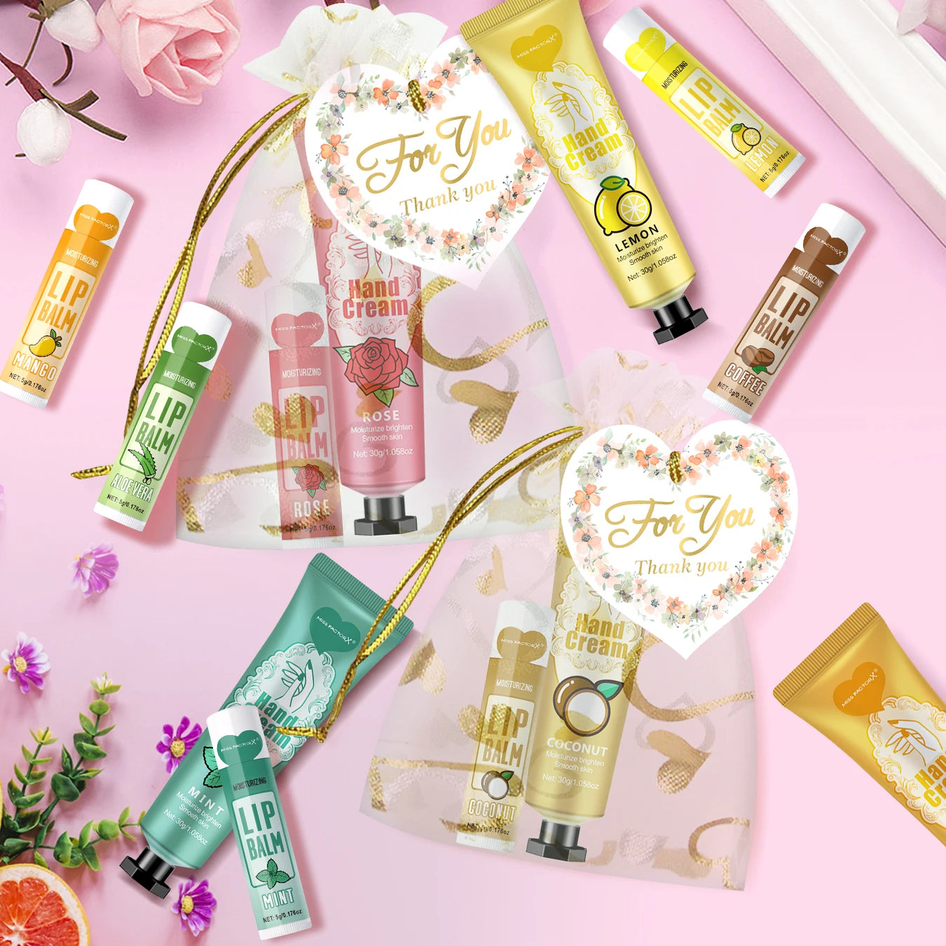 12 Hand gift Hand cream and lip balm set Friends Party Gift with love net bag and thank you card Holiday gift Oasis Select