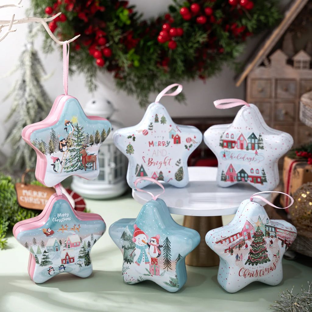 Christmas Tin Box Star Shaped Chocolate Cookies Candy Box With Hanging Rope Christmas Storage Box Ornaments Gifts Oasis Select