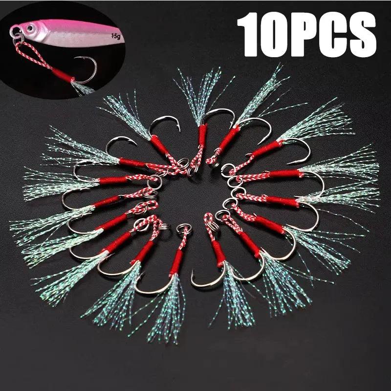 10/30/60pc Fishing Hook Jig Double PairHooks Barbed Thread Feather Accessories Pesca High Carbon Steel Fishing Lure Slow Jigging Oasis Select 10 PCS 13