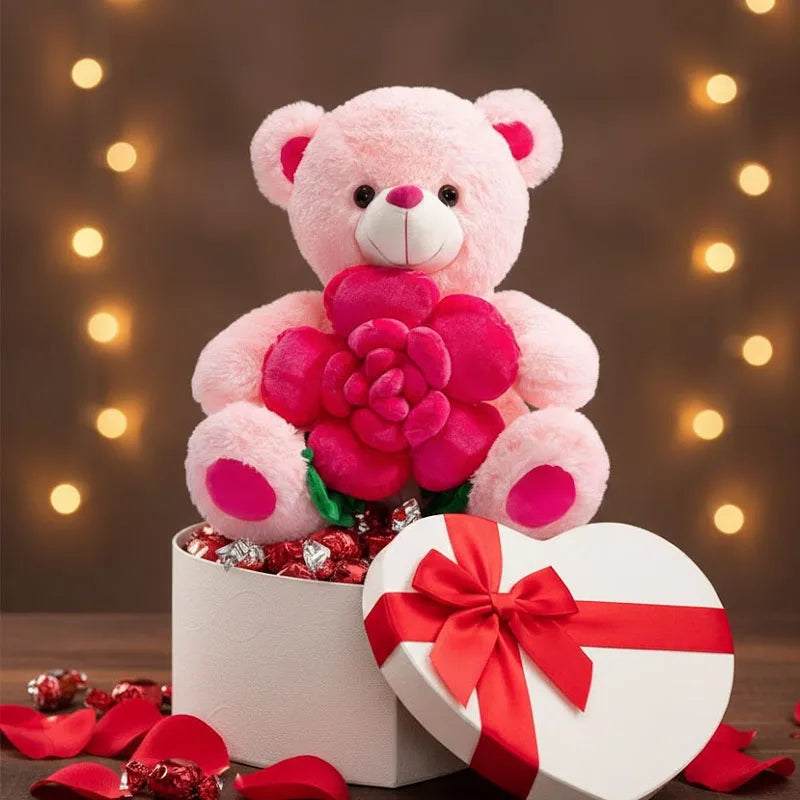 Valentines Day Bear Holding Rose Plush Toy Stuffed Animal Birthday Present for Girlfriend Wife Romantic Keepsake Home Decor Doll Oasis Select