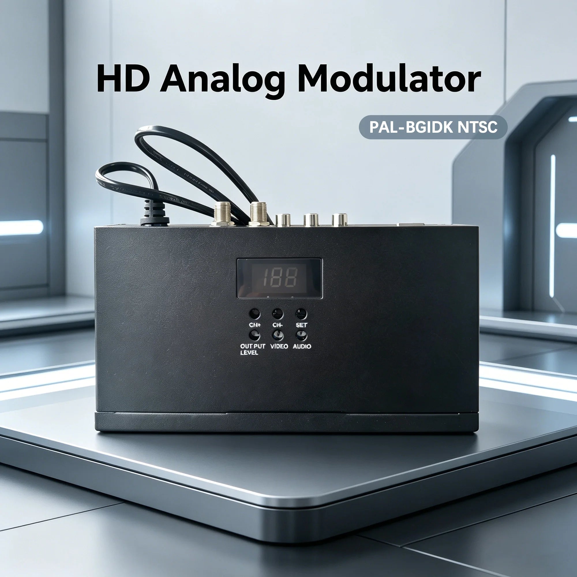 Single-channel HD/SD/AV-to-RF analog TV modulator for PAL, NTSC, and SECAM in-house programming; frequency adjustable Oasis Select
