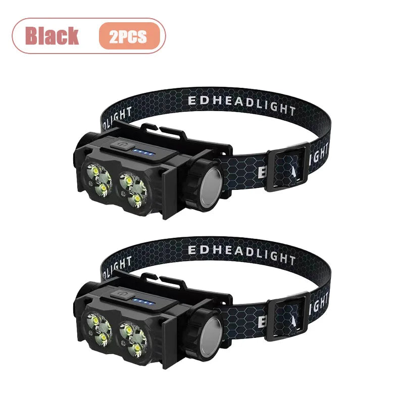 Professional LED Headlamp Super Bright Rechargeable Waterproof Light for Night Fishing Camping and Construction Work Oasis Select Black-2PCS