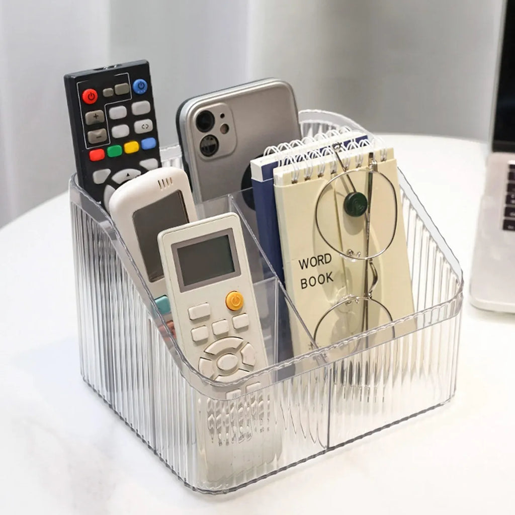 1pc Transparent Desktop Storage Box for Home Use, with Compartments, Remote Control, Makeup Brush Organizer Oasis Select