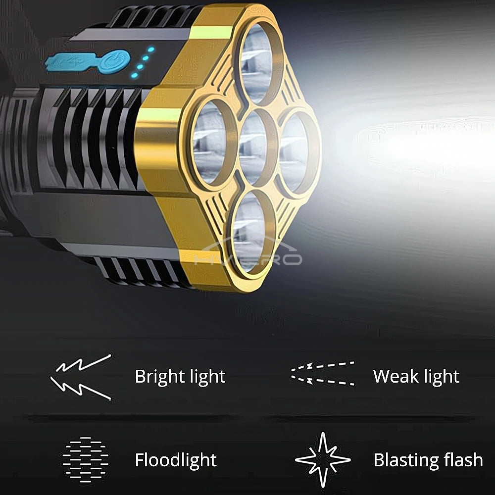 HVIERO 5-LED USB Rechargeable Waterproof Camping Flashlight