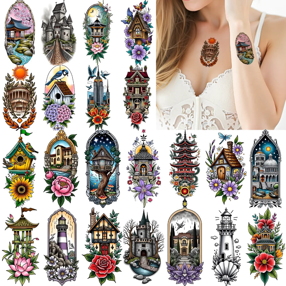 9-Pack Japanese Pagoda & Lighthouse Temporary Tattoos